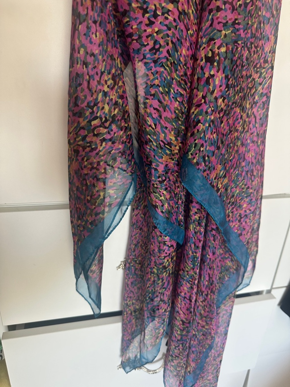 Sheer Multicolor Printed Scarf with Teal Trim